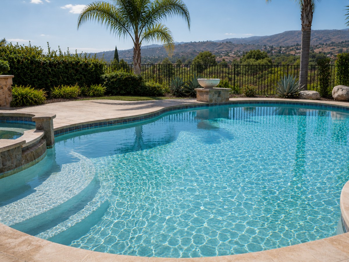 A pool restored to sparkling blue after a green-to-clean recovery