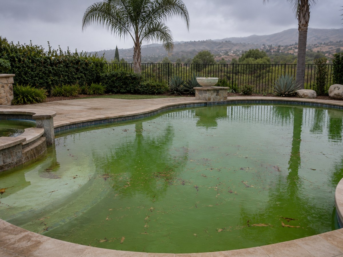 A neglected green algae pool before Blue Palm Pools restored it