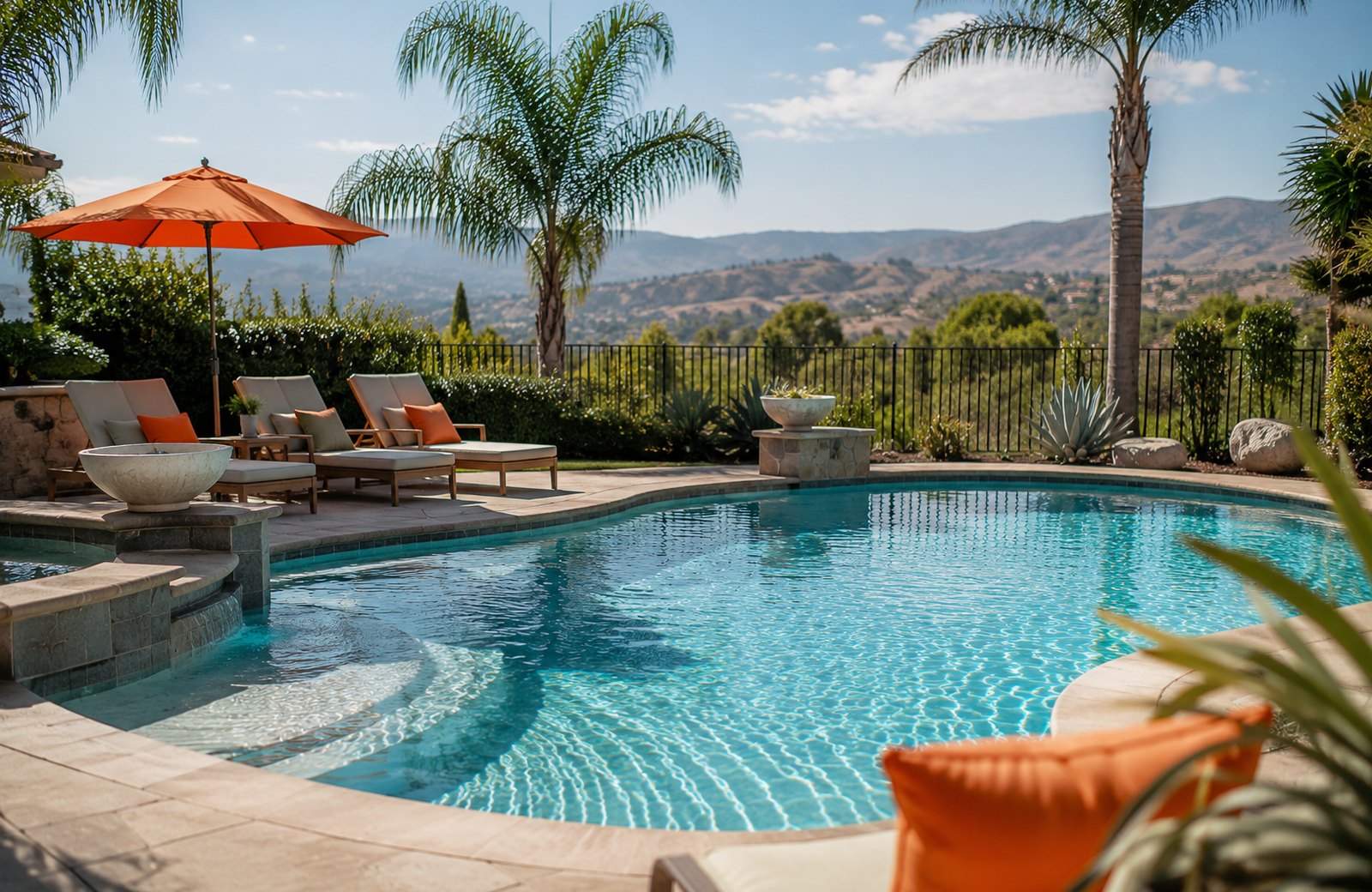 A resort-style backyard pool with palms and lounge chairs kept crystal clear by Blue Palm Pools
